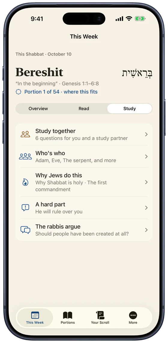 The Study tab: Study together, Who's who, Why Jews do this, A hard part, The rabbis argue